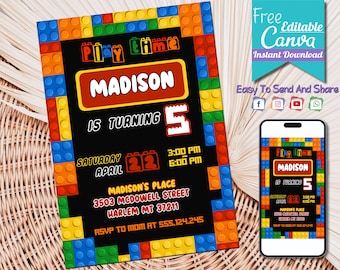 Building Blocks Birthday Invitation | Building Brick Birthday Invite, Kids Birthday Invitation Template Printable | Instant Digital Download