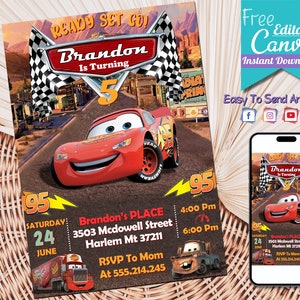 Autos-Geburtstags-Einladung | Lightning McQueen Einladung, Kindergeburtstag-Einladung | Bearbeitbare personalisierte Canva druckbare digitale Einladung