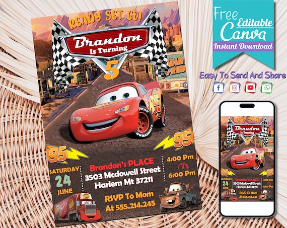 Cars Birthday Invitation | Lightning McQueen Invitation, Kids Birthday Invitation | Editable Personalized Canva Printable Digital Invitation