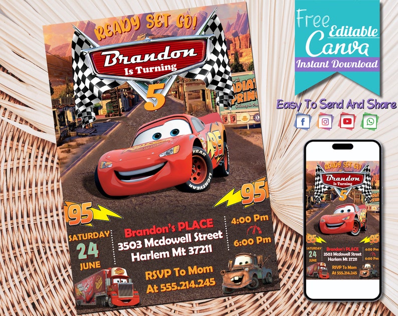 K&ouml;nnte beinhalten: Eine rote und gelbe Geburtstagseinladung mit einem Cartoon-Rennwagen, einer karierten Flagge und dem Text "READY SET GO! Brandon is Turning 5". Die Einladung enth&auml;lt Details f&uuml;r eine Party bei Brandon's Place am Samstag, den 24. Juni um 16:00 Uhr und 18:00 Uhr. Die Einladung enth&auml;lt auch eine Telefonnummer, um sich bei Mom zu melden.