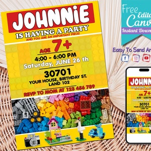 Building Blocks Birthday Invitation | Kids Birthday Invitation Template Printable, Building Brick Birthday Invite | Instant Digital Download