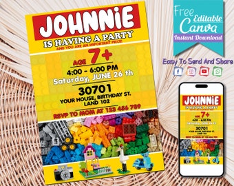 Building Blocks Birthday Invitation | Kids Birthday Invitation Template Printable, Building Brick Birthday Invite | Instant Digital Download