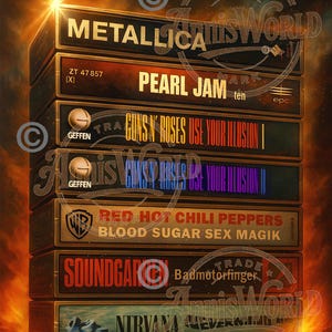 Può includere: Una pila di musicassette vintage con titoli di album di band rock iconiche. I titoli includono Metallica, Pearl Jam, Guns N' Roses, Red Hot Chili Peppers, Soundgarden e Nirvana. L'immagine ha uno sfondo caldo e infuocato.