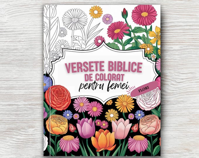 Carte de colorat în format fizic pentru femei, cu versete biblice și flori – 30 de pagini
