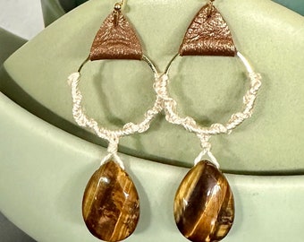 Leather + Macrame Tiger's eye gemstone earrings • macrame hoops