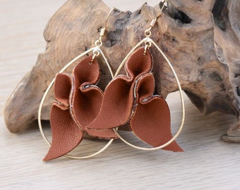 Leather Petals Statement Earrings Brown + Silver or Gold • Large teardrop earrings • gifts for her • dimensional earrings