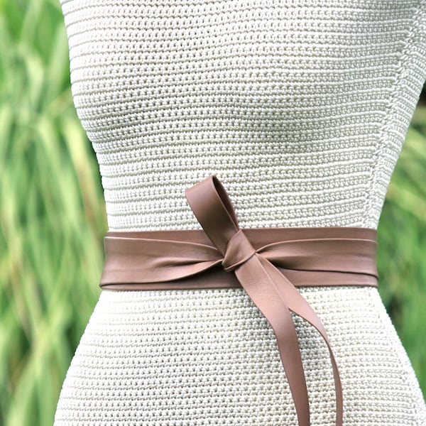 Soft lambskin Taupe Leather Long + Skinny double wrap sash • beige leather waist belt • light brown