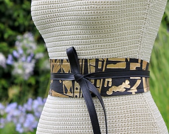 Double Sided Leather • Black + Gold 3 inch Wide Reversible Wrap Belt • genuine lambskin • bespoke • S M L • petite + plus size • Obi belt
