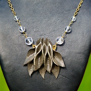Leather Petals Necklace: Quartz Crystal, Brass, Olive Green Lambskin