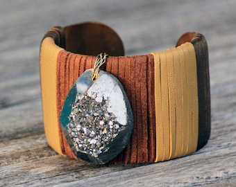 Leather Druzy Cuff Bracelet • One of a kind Gifts • Pyrite and tan leather wide bracelet