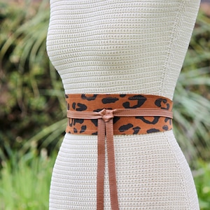Reversible Leopard Suede Obi Belt: Brown Lambskin Leather Wrap
