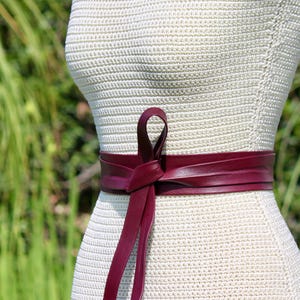Burgundy Brown Genuine Leather Made in Canada Bow Wrap Belt Size Medium Burgundy Leather Obi Belt With Long Tassels | JUAN-JO | Wolf  main image 4