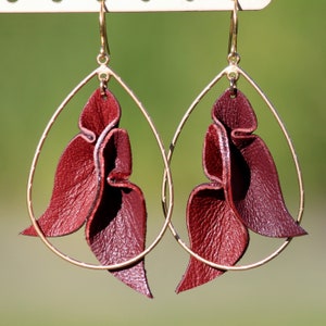 Leather Petals Teardrop Earrings • burgundy + silk • unique 3 dimensional dark red earrings