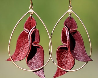 Leather Petals Teardrop Earrings • burgundy + silk • unique 3 dimensional dark red earrings