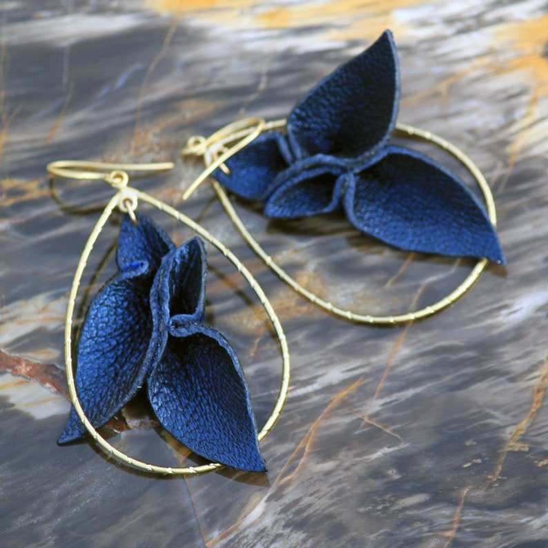 Leather Petals 3-d w/ gold Navy Blue Pearl lambskin Silk long dangle teardrop hoop handmade statement earrings image 3