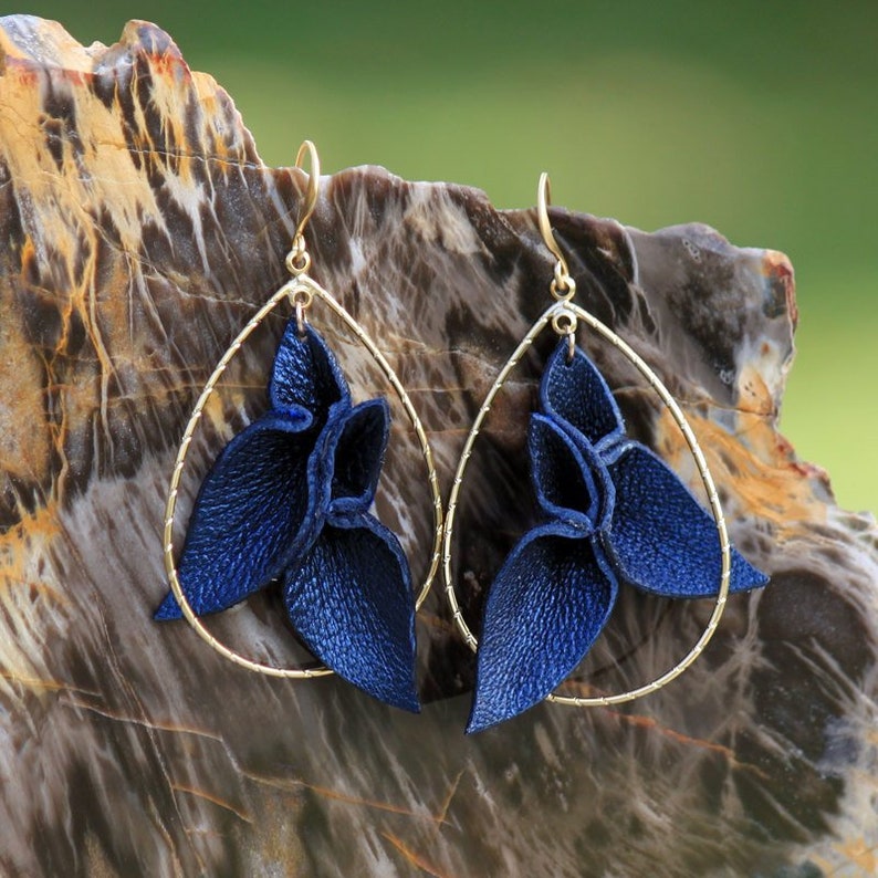 Leather Petals 3-d w/ gold Navy Blue Pearl lambskin Silk long dangle teardrop hoop handmade statement earrings image 1