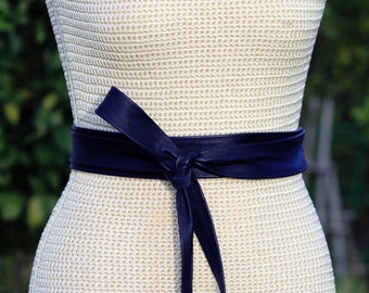 Piel de cordero suave Cuero azul marino largo + Obi delgado • Fajín de cuero de 2 pulgadas de ancho y largo • Cinturón de doble vuelta