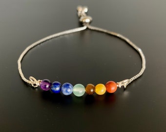 7 Chakra Gemstone Bead adjustable slider bracelet with custom stamped charm (optional) • gold or silver