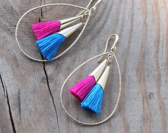 Tassel statement earrings • blue and fuchsia teardrop hoop earrings