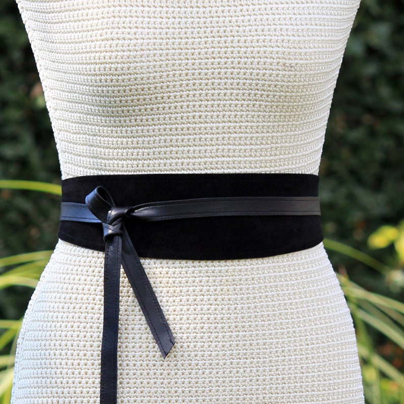 REVERSIBLE Genuine Leather Suede and lambskin black wrap belt bespoke XS S M L XL petite plus size Obi belt Cinch Belt image 1