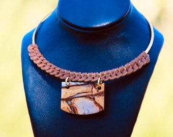 leather + stone collar • gold choker • agate slice macrame necklace • Red Creek Picasso Jasper pendant