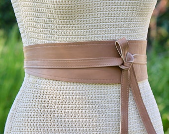 Reversible Lambskin Leather Obi Belt: Beige & Fabric Print Wrap Sash