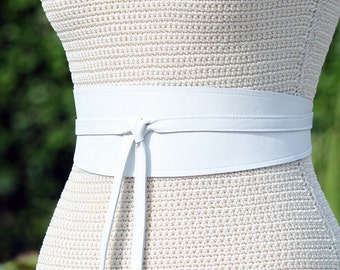 REVERSIBLE White leather - 2 sided Sash Obi Wrap Belt Custom - XS S M L XL  Petite & Plus Size - 3 inch tapered sides - Bespoke sash