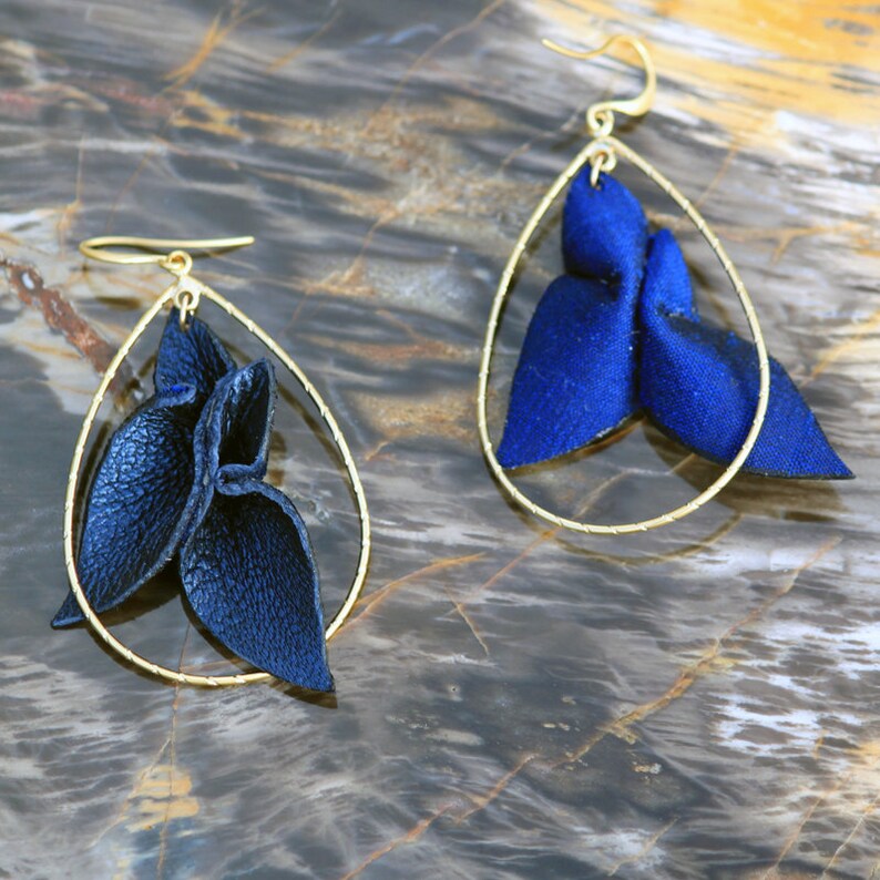 Leather Petals 3-d w/ gold Navy Blue Pearl lambskin Silk long dangle teardrop hoop handmade statement earrings image 4