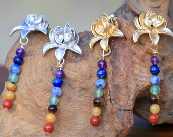 Seven Chakra gemstone bead earrings • lotus flower earrings gold or silver