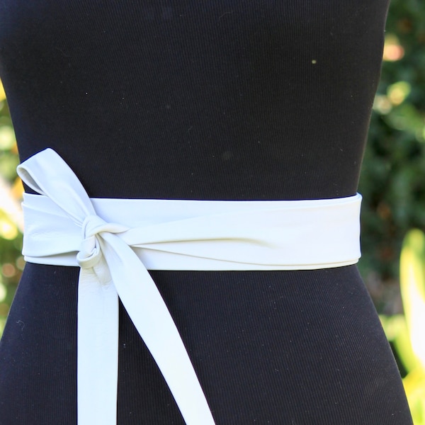 Soft lambskin Leather Long + Skinny White Obi • Convertible Leather Wrap Belt • leather waist belt