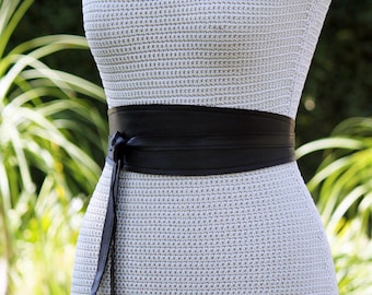 Double Sided Leather • Black 3 inch Wide Reversible Wrap Belt • genuine lambskin • bespoke • XS S M L XL • petite + plus size • Obi belt