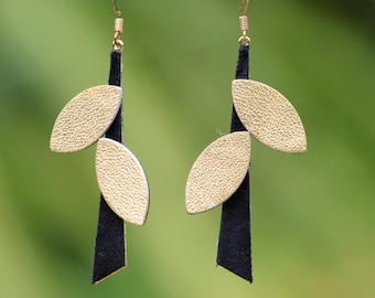 Suede leather leaf earrings • genuine suede and metallic lambskin • black suede with gold or silver