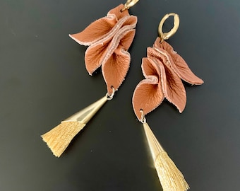 Leather Earrings • brown and gold • long unique statement earrings • petal tassel earrings