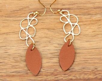 Leather Droplets Earrings • brown leather leaf earrings
