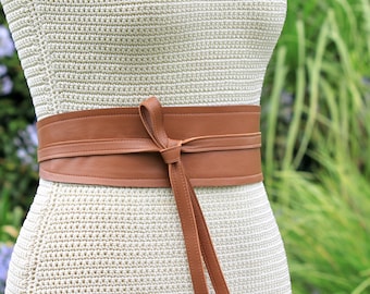 Reversible Leather Obi Belt: Tobacco Brown Lambskin Sash, Convertible Wrap Belt