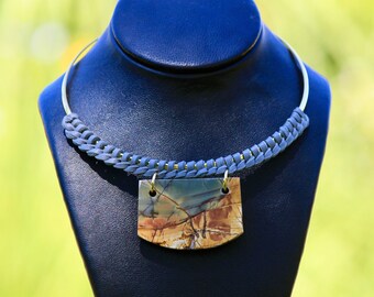 Red Creek Picasso Jasper leather + stone choker statement necklace • gold choker • stone slice macrame necklace