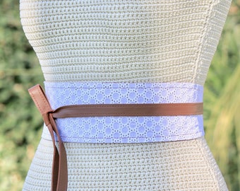 Reversible Lambskin Leather Obi Belt: White Eyelet Fabric Wrap Sash