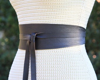 Reversible Espresso Leather Obi Belt: Wrap Sash Cinch Belt