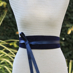Reversible Navy Leather Wrap Belt: Suede Lambskin Obi Sash