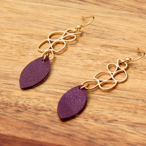 Plum Leather Leaf Earrings: Gold Plated Dangle Earrings