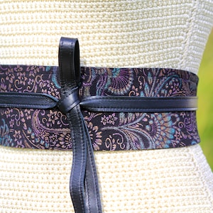 Reversible Floral Jacquard Suede & Leather Wrap Belt