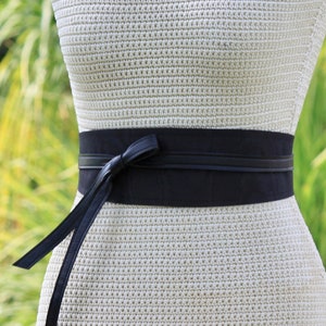 Reversible Black Leather Obi Belt: Handmade Taffeta Wrap Waist Belt