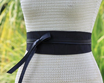 REVERSIBLE Black Leather + Textured taffeta • Handmade to order • bespoke XS S M L XL Plus & Petite • 3 inches wide • Ladies obi wrap belt