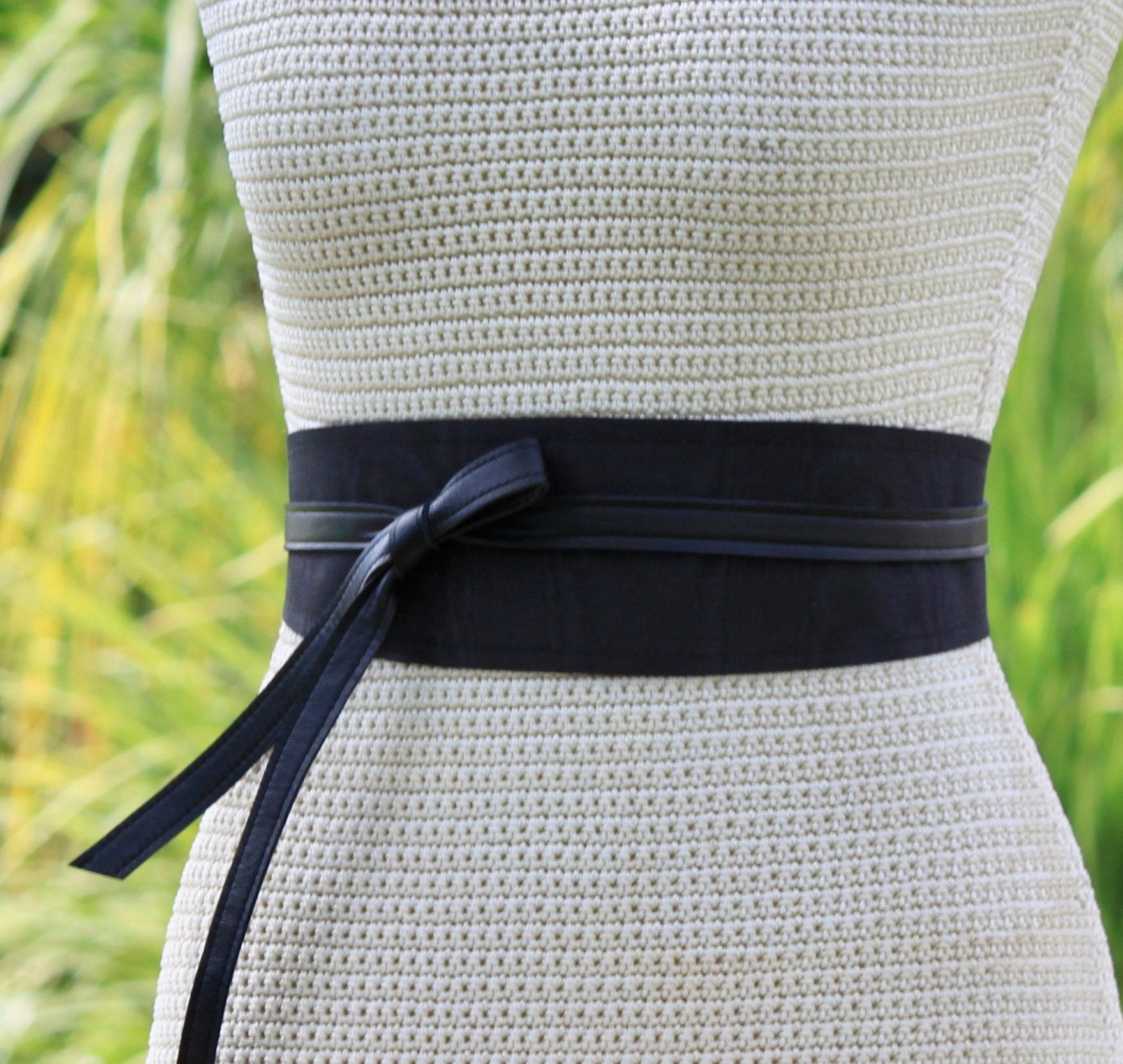 Reversible Black Leather Obi Belt: Handmade Taffeta Wrap Waist Belt