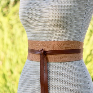 Reversible Leather Obi Belt: Embossed Cognac Brown Lambskin Wrap