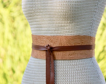 REVERSIBLE Genuine Leather • Embossed and lambskin Cognac Brown wrap belt • XS S M L XL • petite + plus size • Obi belt • Cinch Belt • Rust