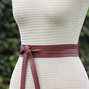 Soft lambskin Mahogany brown leather wrap sash • rusty brown waist belt • Long + Skinny Sash