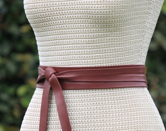 Mahogany brown leather wrap sash • rusty brown waist belt • Long + Skinny Sash