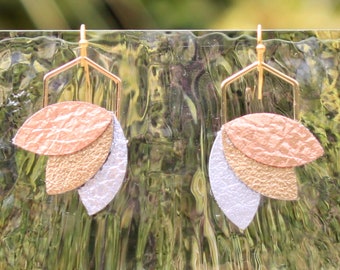 Leaf petal geometric earrings • metallic leather • gold silver rose