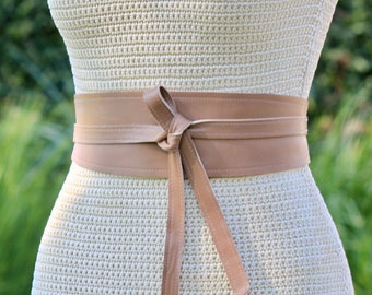 REVERSIBLE Beige / Light Brown / Taupe • 2 sides Leather Sash Obi Wrap Belt • XS S M L XL  Petite & Plus Size • Convertible cinch belt